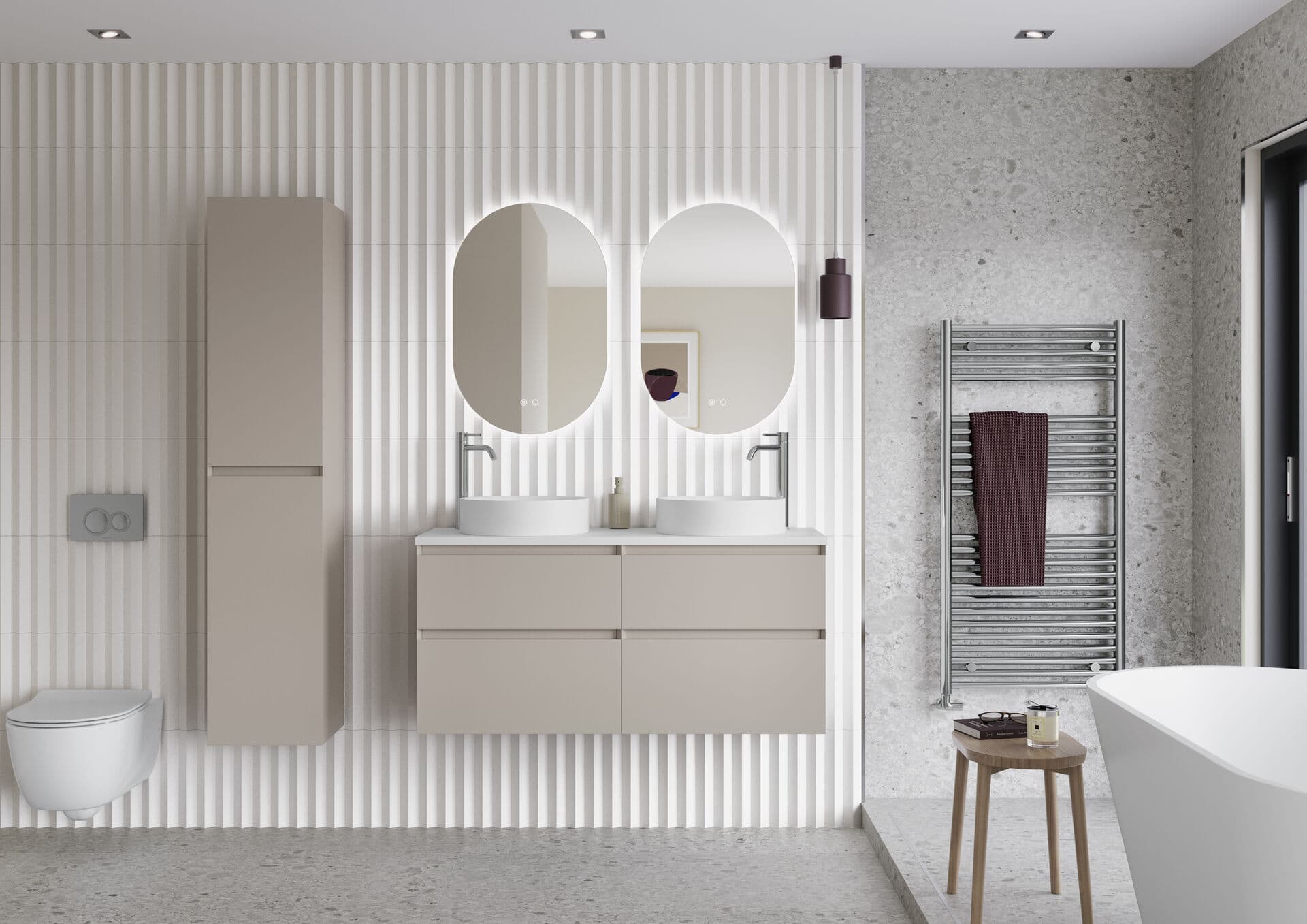 Double basin vanity in soft taupe with twin oval mirrors