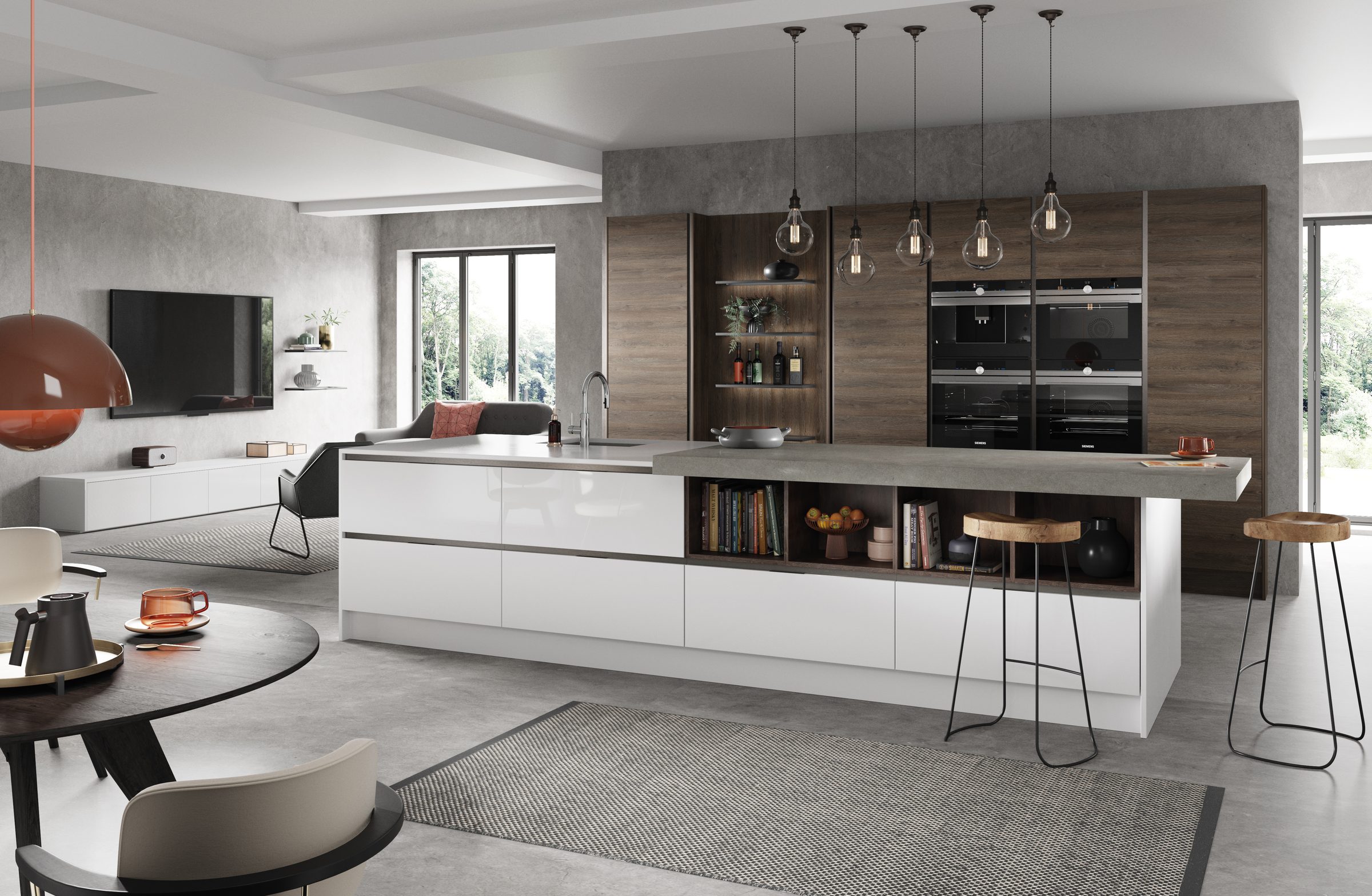 White gloss kitchen with an oak-effect island and open shelving